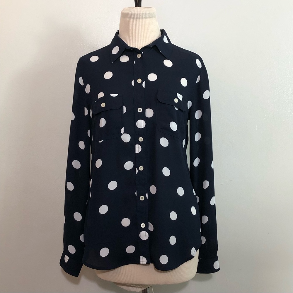 Ann Taylor Loft Navy and White Polka Dot Button Down Blouse Size XS